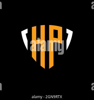 HP logo with shield white orange shape design template isolated on black background Stock Vector
