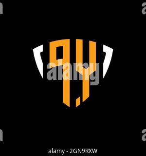 PY logo with shield white orange shape design template isolated on black background Stock Vector