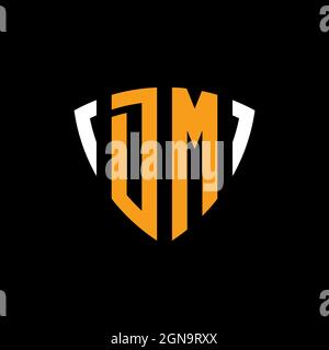 DM logo with shield white orange shape design template isolated on black background Stock Vector