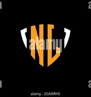 NJ logo with shield white orange shape design template isolated on black background Stock Vector