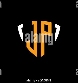 JP logo with shield white orange shape design template isolated on black background Stock Vector