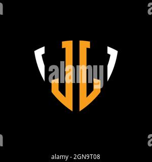 JJ logo with shield white orange shape design template isolated on black background Stock Vector