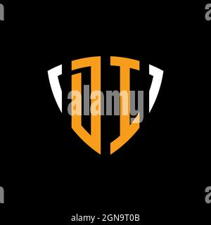 DI logo with shield white orange shape design template isolated on black background Stock Vector
