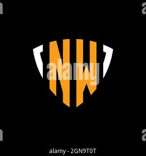 NW logo with shield white orange shape design template isolated on black background Stock Vector