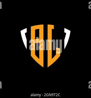 BJ logo with shield white orange shape design template isolated on black background Stock Vector