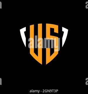 US logo with shield white orange shape design template isolated on black background Stock Vector