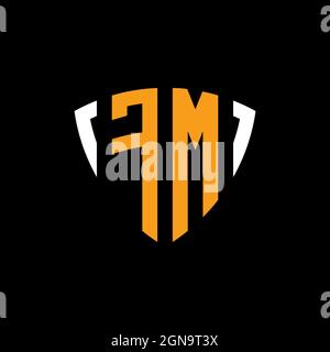 FM logo with shield white orange shape design template isolated on black background Stock Vector