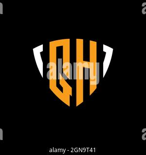 QH logo with shield white orange shape design template isolated on black background Stock Vector