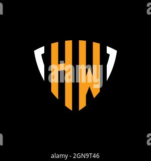 HW logo with shield white orange shape design template isolated on black background Stock Vector