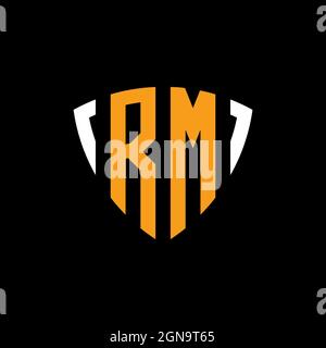 RM logo with shield white orange shape design template isolated on black background Stock Vector