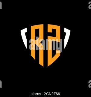 RZ logo with shield white orange shape design template isolated on black background Stock Vector