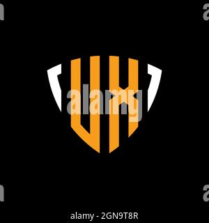UX logo with shield white orange shape design template isolated on black background Stock Vector
