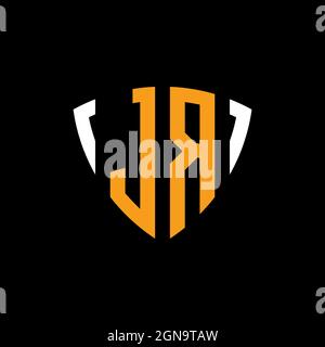 JR logo with shield white orange shape design template isolated on black background Stock Vector