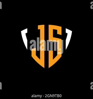 JS logo with shield white orange shape design template isolated on black background Stock Vector