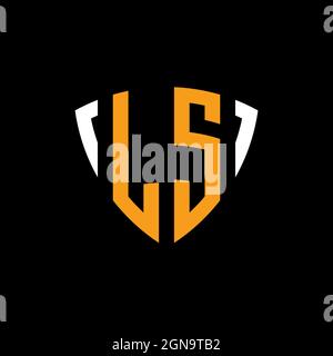 LS logo with shield white orange shape design template isolated on black background Stock Vector