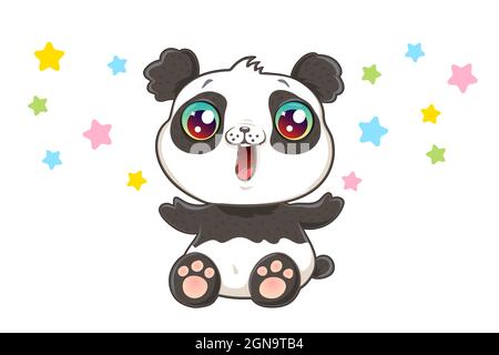 Vector illustration of a cute panda in kawaii style. Cute vector panda with confetti. Stock Vector