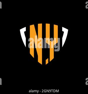 NY logo with shield white orange shape design template isolated on black background Stock Vector