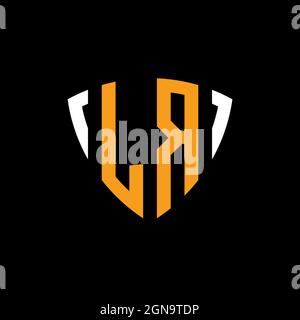 LR logo with shield white orange shape design template isolated on black background Stock Vector