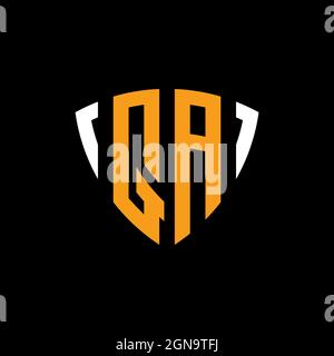 QA logo with shield white orange shape design template isolated on black background Stock Vector