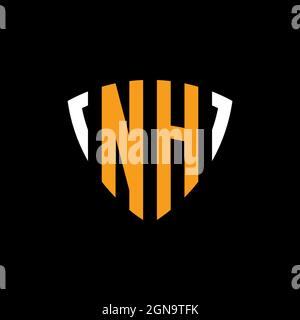 NH logo with shield white orange shape design template isolated on black background Stock Vector