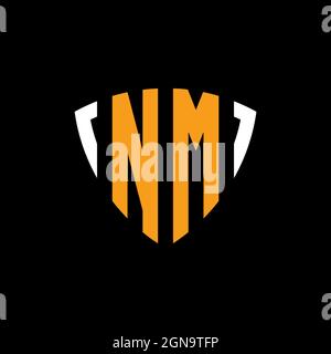 NM logo with shield white orange shape design template isolated on black background Stock Vector