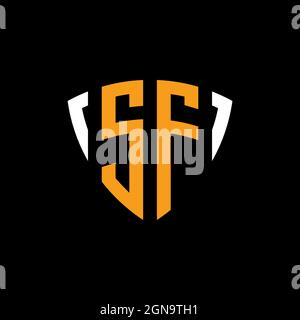 SF logo with shield white orange shape design template isolated on black background Stock Vector