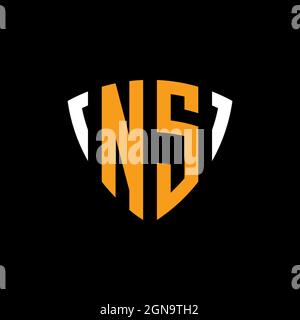 NS logo with shield white orange shape design template isolated on black background Stock Vector