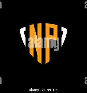 NP logo with shield white orange shape design template isolated on black background Stock Vector