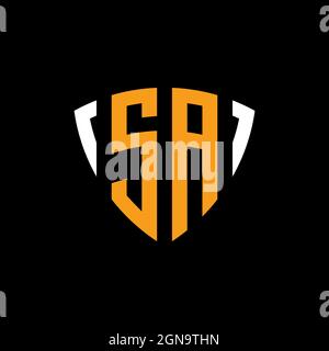 SA logo with shield white orange shape design template isolated on black background Stock Vector