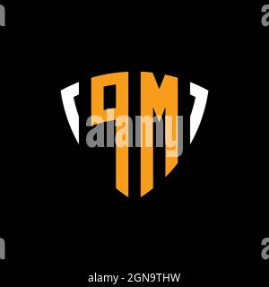 PM logo with shield white orange shape design template isolated on black background Stock Vector