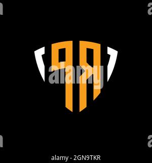 PR logo with shield white orange shape design template isolated on black background Stock Vector