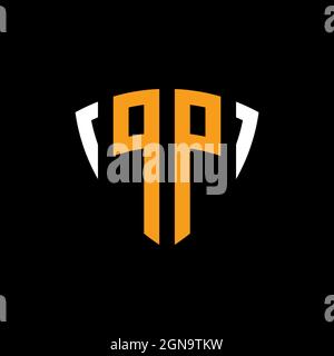 PP logo with shield white orange shape design template isolated on black background Stock Vector