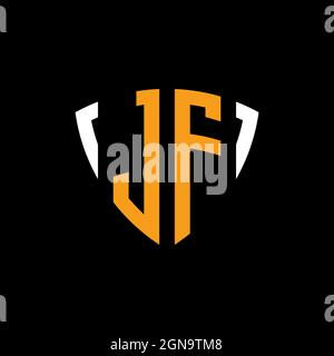 JF logo with shield white orange shape design template isolated on black background Stock Vector