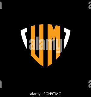 UM logo with shield white orange shape design template isolated on black background Stock Vector
