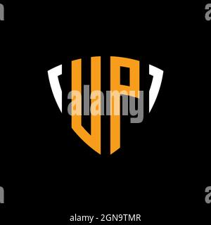 UP logo with shield white orange shape design template isolated on black background Stock Vector
