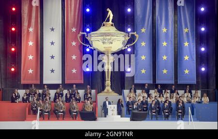 Kohler, United States. 23rd Sep, 2021. Team USA and Team Europe take the stage during the opening ceremony for the 43rd Ryder Cup at Whistling Straits on Thursday, September 23, 2021 in Kohler, Wisconsin. Photo by Mark Black/UPI Credit: UPI/Alamy Live News Stock Photo