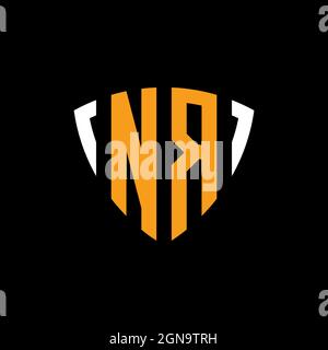 NR logo with shield white orange shape design template isolated on black background Stock Vector