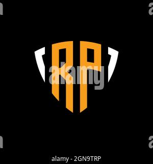 RP logo with shield white orange shape design template isolated on black background Stock Vector
