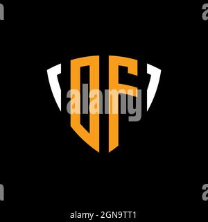 OF logo with shield white orange shape design template isolated on black background Stock Vector