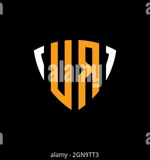 UR logo with shield white orange shape design template isolated on black background Stock Vector