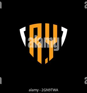RY logo with shield white orange shape design template isolated on black background Stock Vector