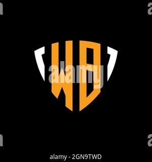 WB logo with shield white orange shape design template isolated on black background Stock Vector
