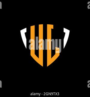 UJ logo with shield white orange shape design template isolated on black background Stock Vector