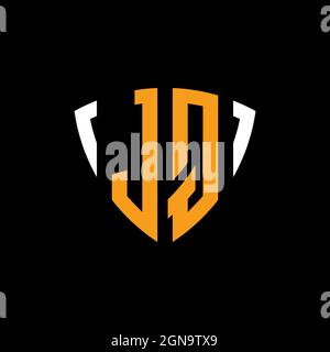 JQ logo with shield white orange shape design template isolated on black background Stock Vector