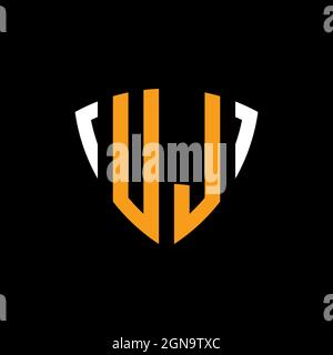 UL logo with shield white orange shape design template isolated on black background Stock Vector