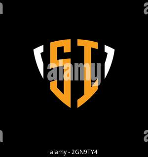 SI logo with shield white orange shape design template isolated on black background Stock Vector
