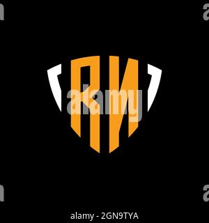 RN logo with shield white orange shape design template isolated on black background Stock Vector