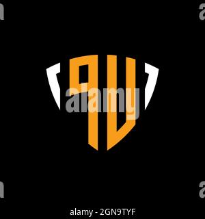 PU logo with shield white orange shape design template isolated on black background Stock Vector