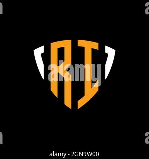 RI logo with shield white orange shape design template isolated on black background Stock Vector