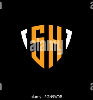 SH logo with shield white orange shape design template isolated on black background Stock Vector